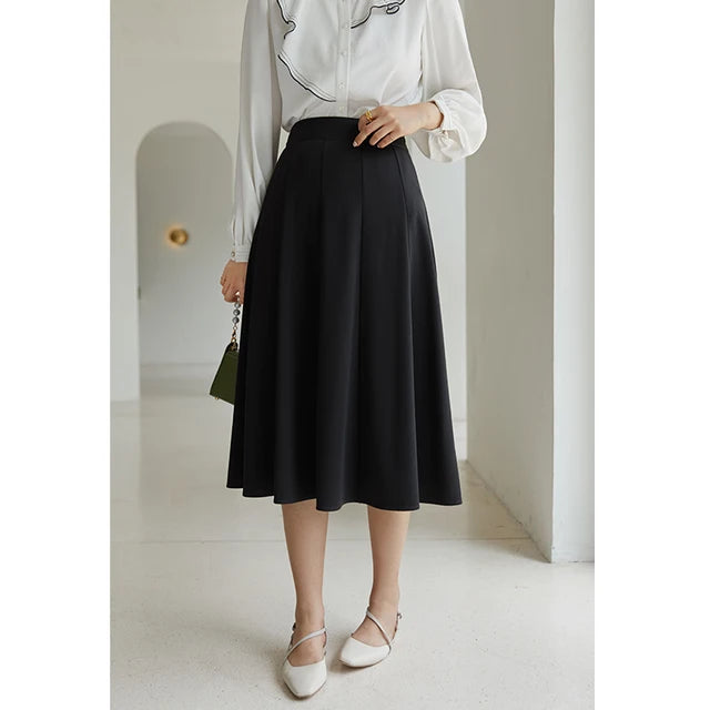 Elegant Black Long Skirt Pleated Skirt Women Vitnage White High Waist Skirt Female Autumn Winter A-line Skirt