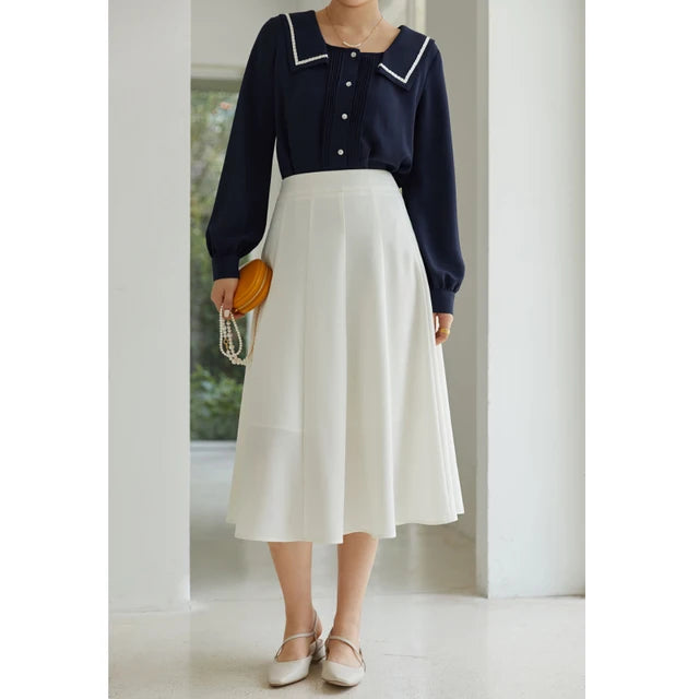 Elegant Black Long Skirt Pleated Skirt Women Vitnage White High Waist Skirt Female Autumn Winter A-line Skirt