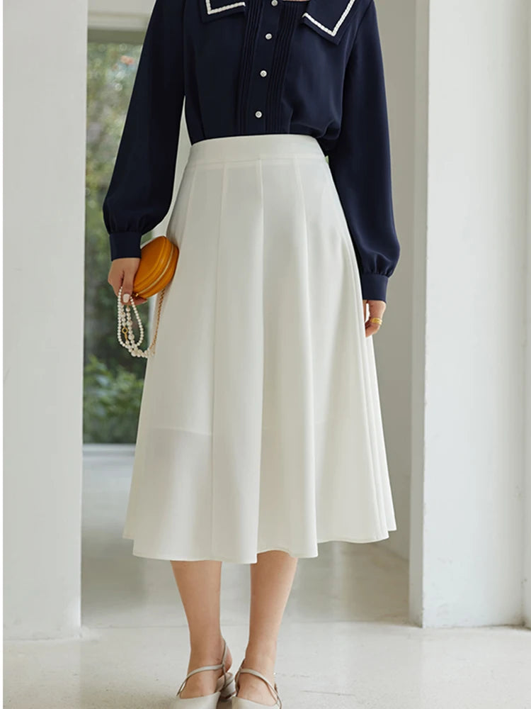 Elegant Black Long Skirt Pleated Skirt Women Vitnage White High Waist Skirt Female Autumn Winter A-line Skirt