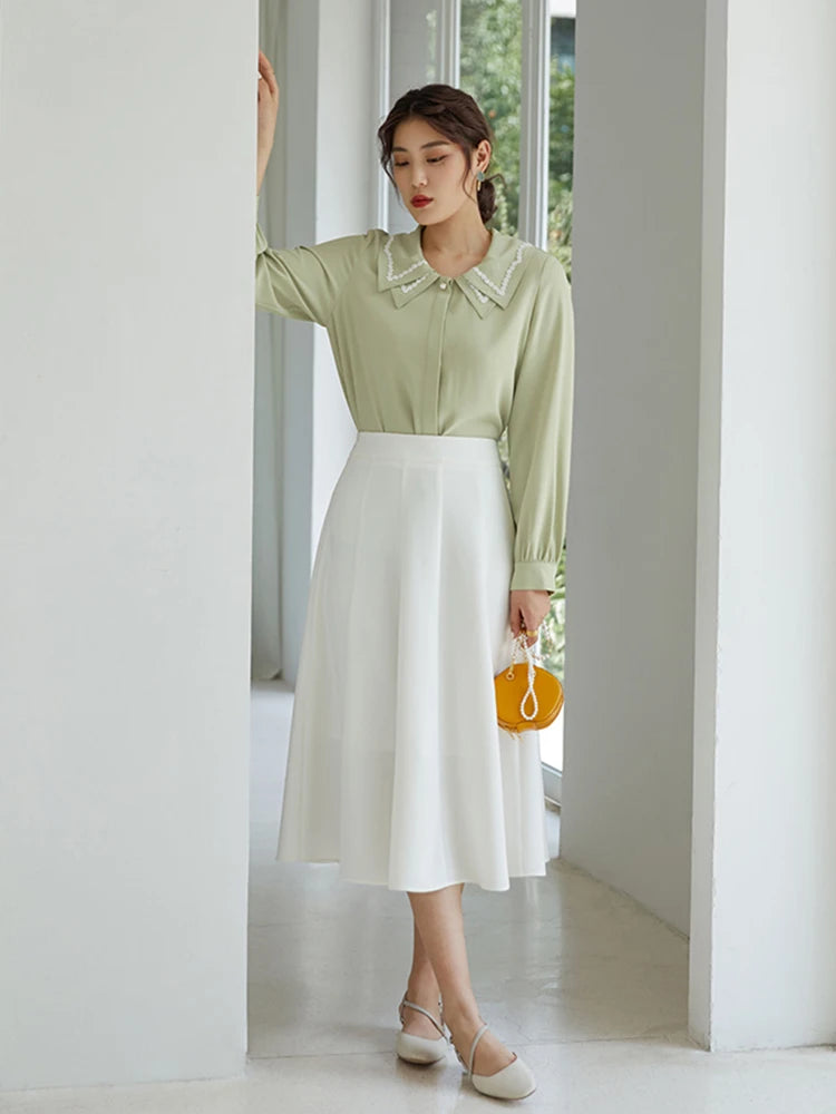 Elegant Black Long Skirt Pleated Skirt Women Vitnage White High Waist Skirt Female Autumn Winter A-line Skirt