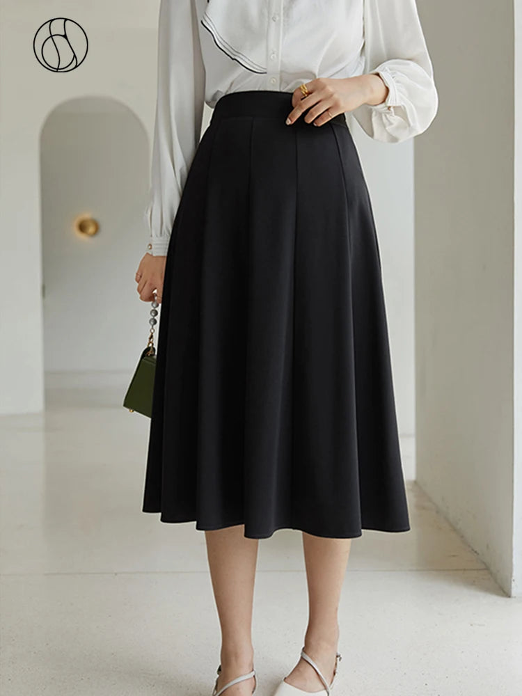 Elegant Black Long Skirt Pleated Skirt Women Vitnage White High Waist Skirt Female Autumn Winter A-line Skirt