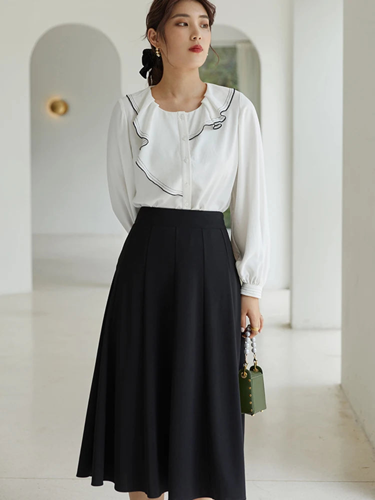 Elegant Black Long Skirt Pleated Skirt Women Vitnage White High Waist Skirt Female Autumn Winter A-line Skirt