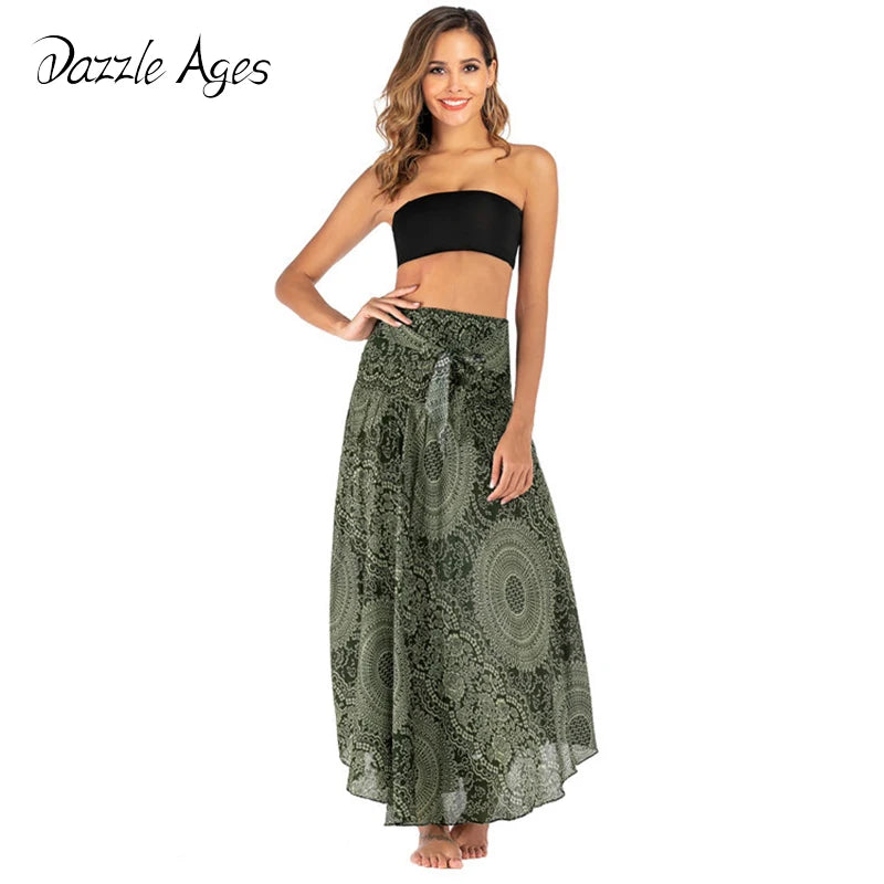 Women Floral Skirt Basic Beach Elegant Double Sided Bohemia Sexy Leaky Back Fashion Casual Female Clothes Streetwear